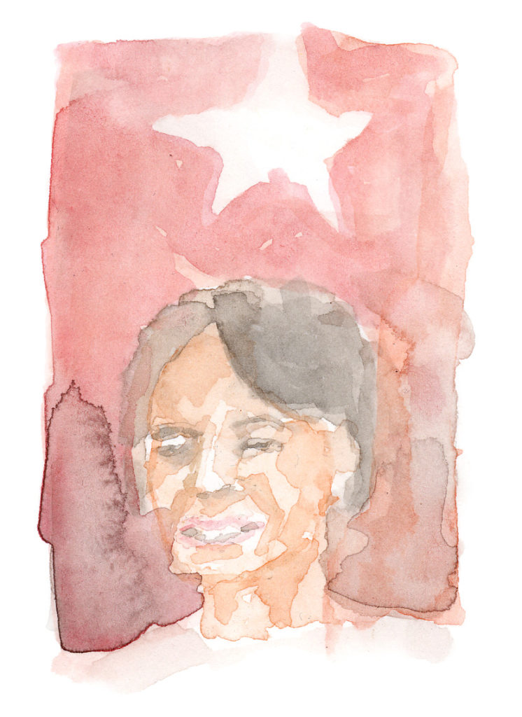 A watercolour painting of a woman with a white star above her head on a red background.