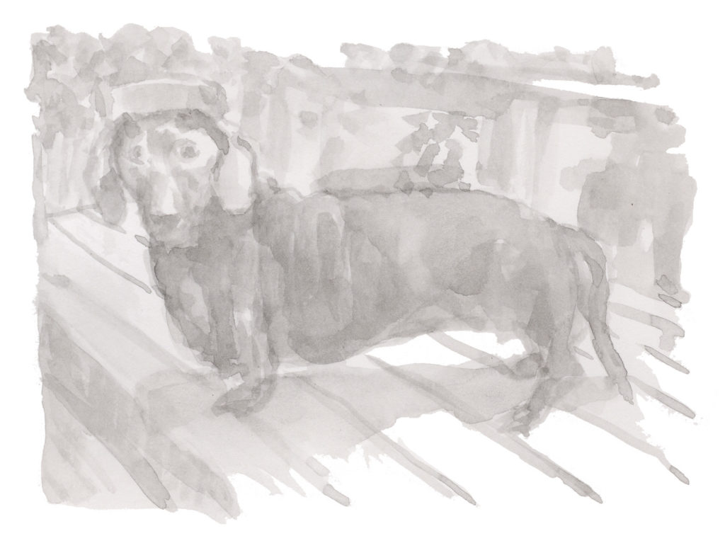 A black and white painting of a sausage dog