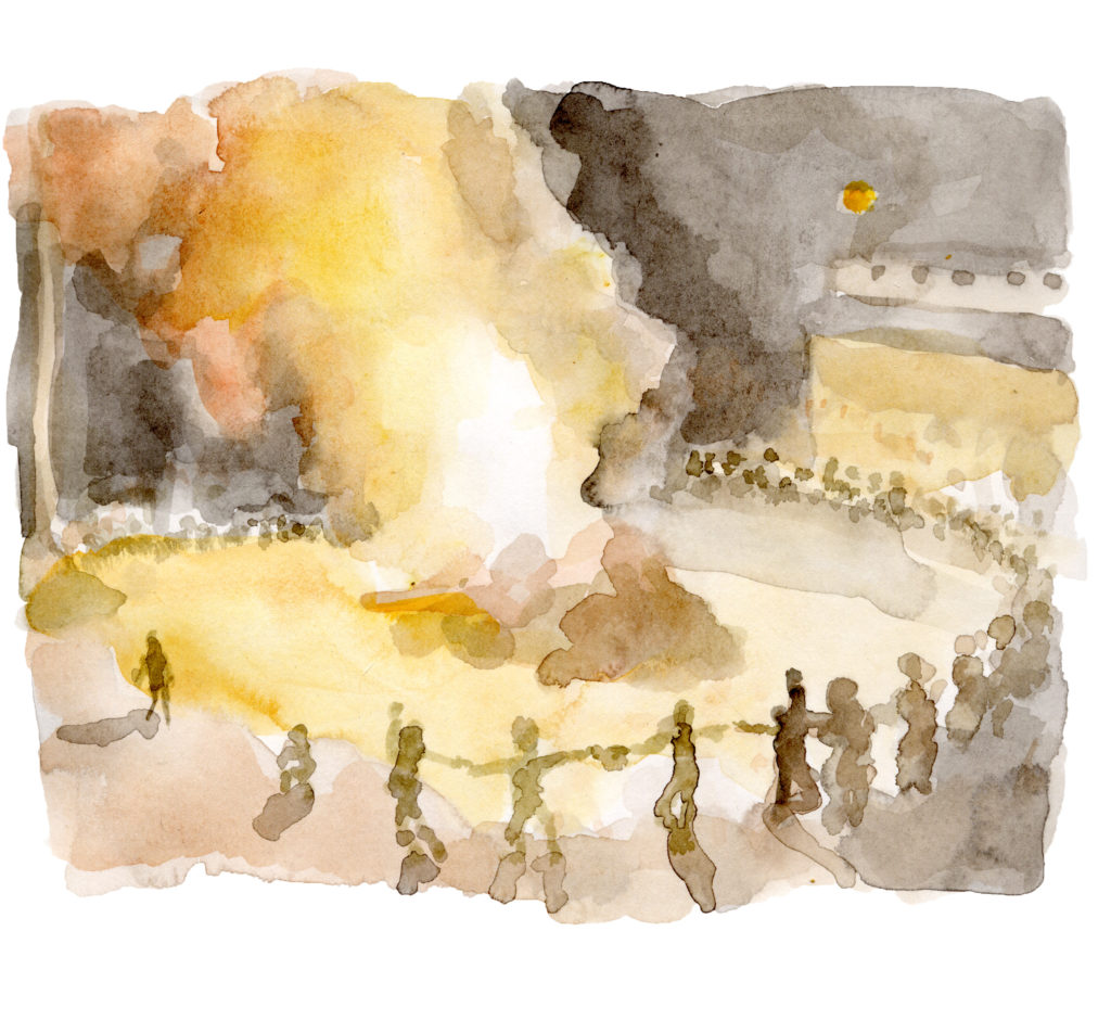 A watercolour painting of people holding hands around a fire.