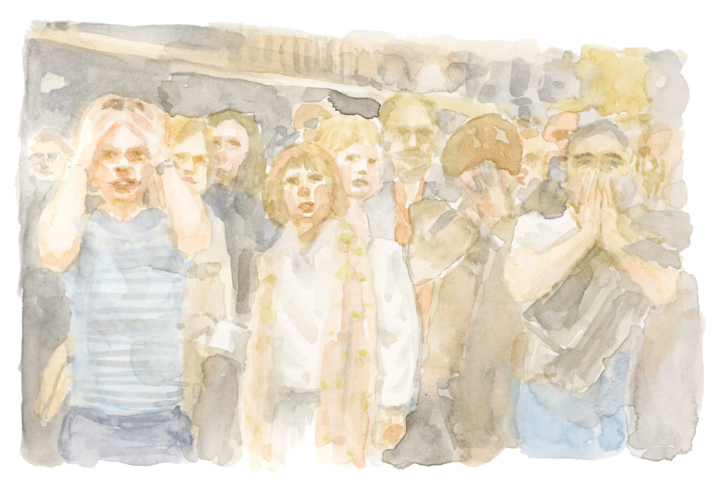 A watercolour image of a crowd of disbelieving people