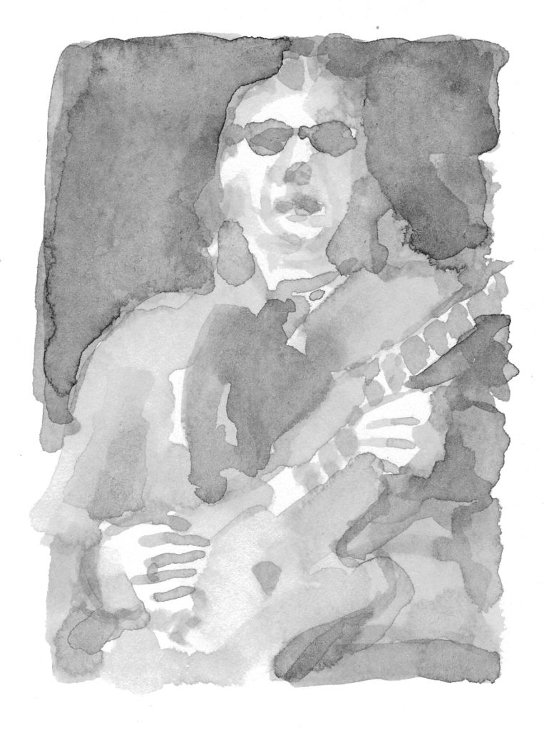 A watercolour painting of guitarist Link Wray