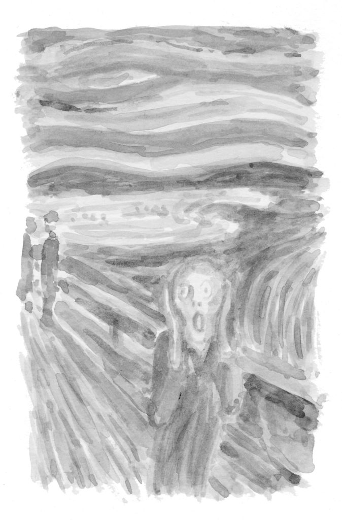 A black and white painting of Edvard Munch's "The Scream".