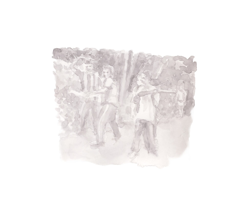 A black and white watercolour of a crowd of young men wielding sticks