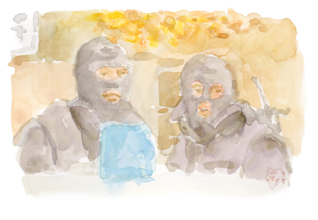 A watercolour image of two police wearing masks