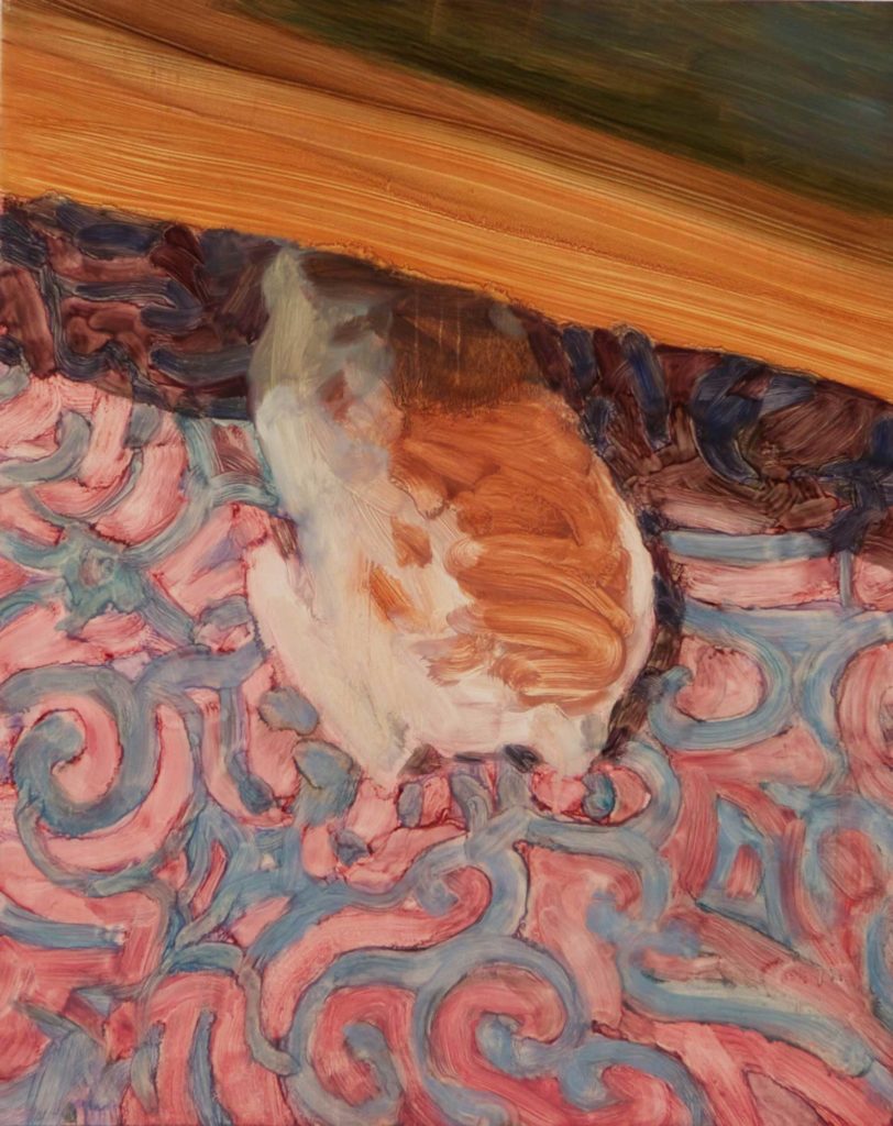 An oil painting of a large rabbit hiding under a piece of furniture