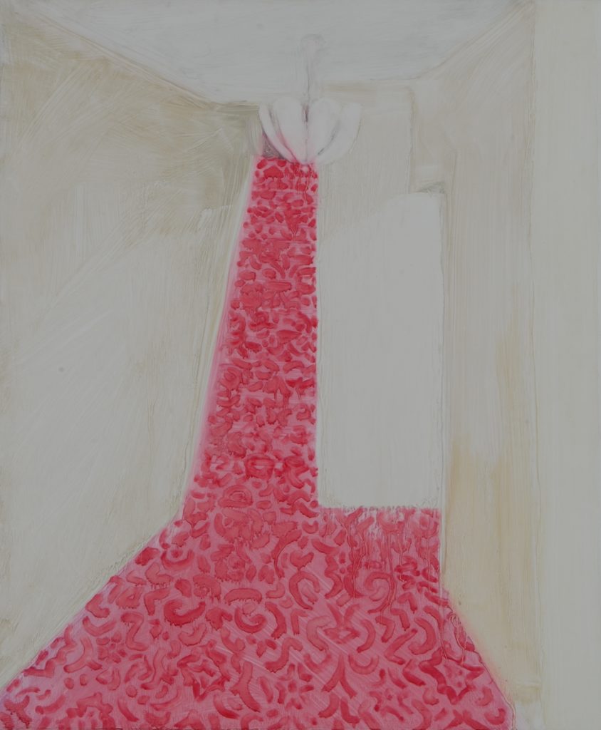 An oil painting of a bright red carpeted staircase.